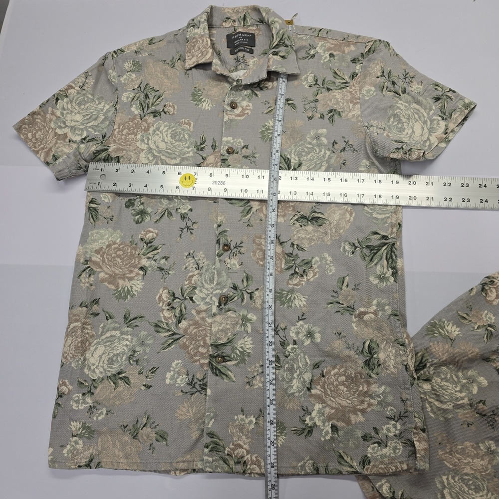 Primark Mens XS Floral Button Up Shirt Short Sleeve Gray Regular‎ Fit Cotton